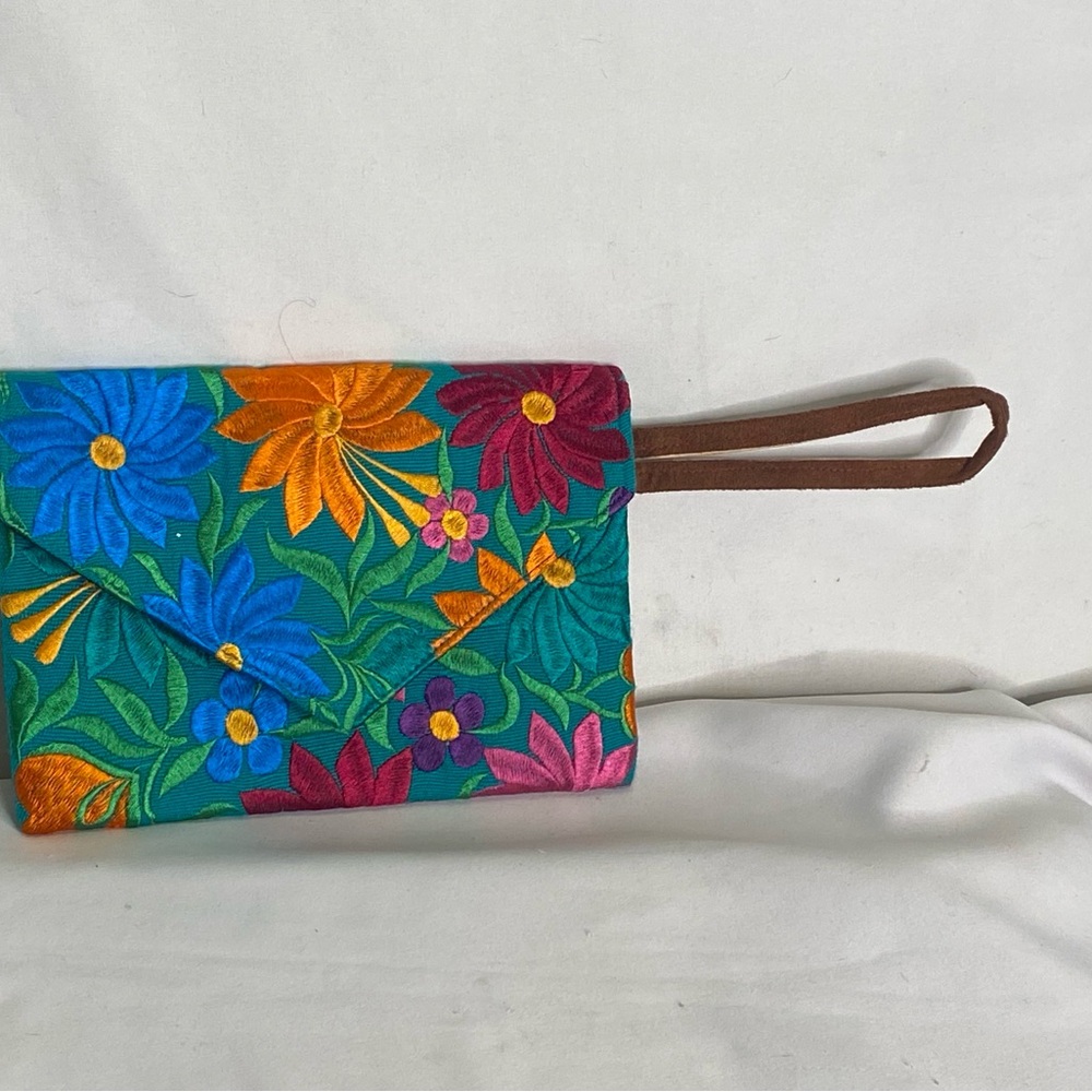 Floral Embroidered Clutch with Wrist Strap